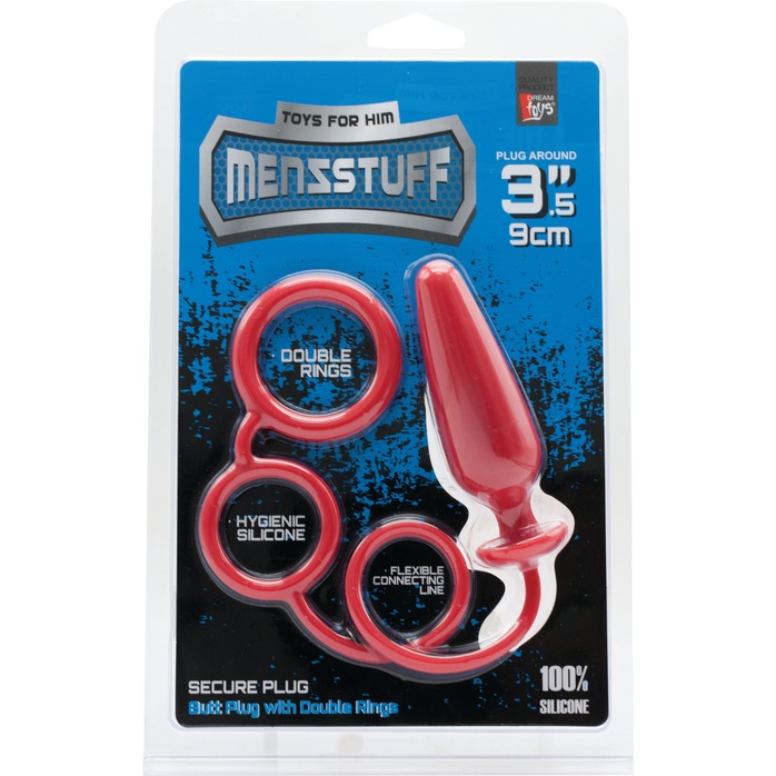 Красное эрекционное кольцо с подхватом и анальным стимулятором MENZSTUFF 3.5INCH DOUBLE RING ANAL PLUG - MenzStuff. Фотография 2.