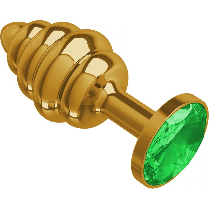 Золотистая пробка с рёбрышками и зеленым кристаллом - 7 см - Анальные втулки с кристаллом. Фотография 2.