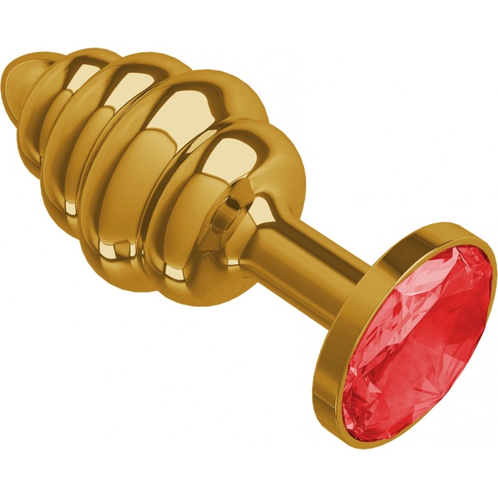 Золотистая пробка с рёбрышками и красным кристаллом - 7 см - Анальные втулки с кристаллом. Фотография 2.