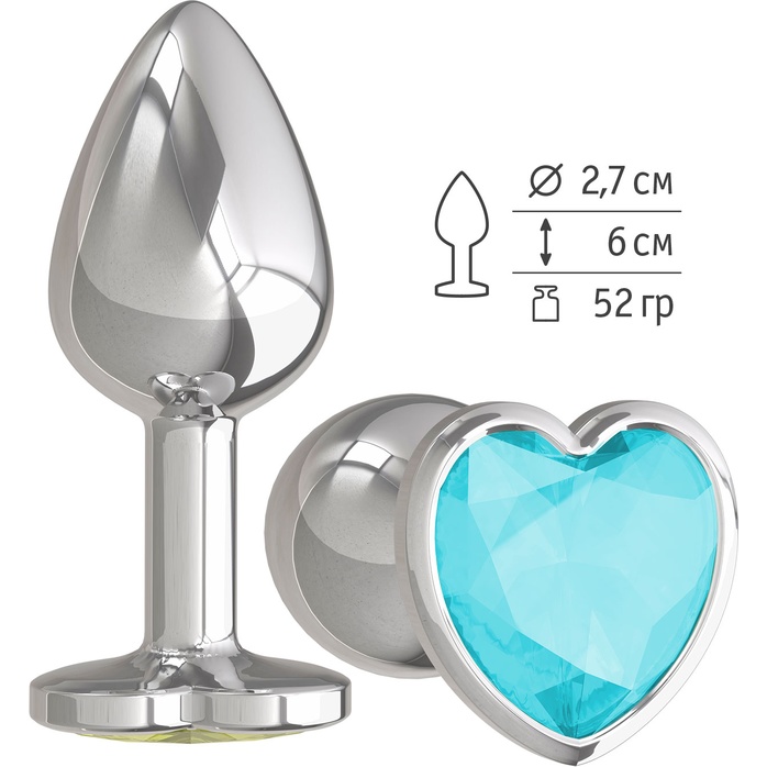 Серебристая анальная втулка с голубым кристаллом-сердцем - 7 см - Анальные втулки с кристаллом
