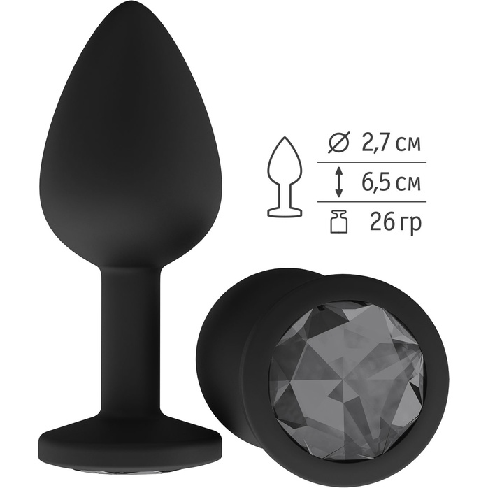 Чёрная анальная втулка с чёрным кристаллом - 7,3 см - Анальные втулки с кристаллом