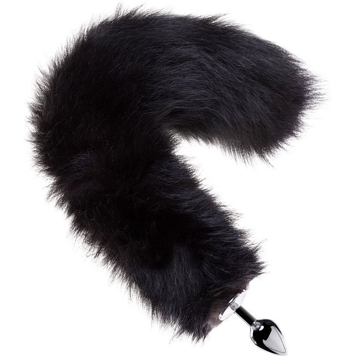 Серебристая анальная втулка с черным лисьим хвостом. Фотография 2.