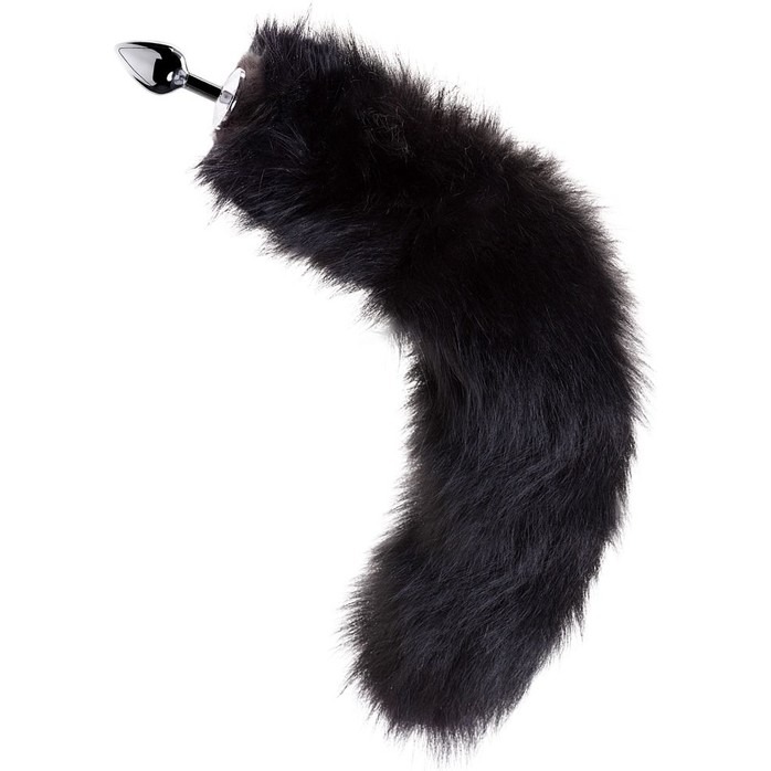 Серебристая анальная втулка с черным лисьим хвостом. Фотография 3.