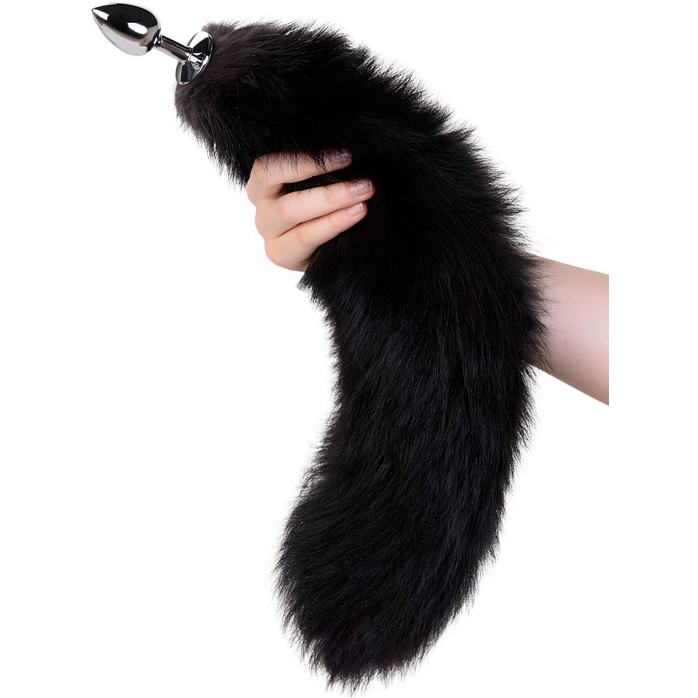 Серебристая анальная втулка с черным лисьим хвостом. Фотография 4.