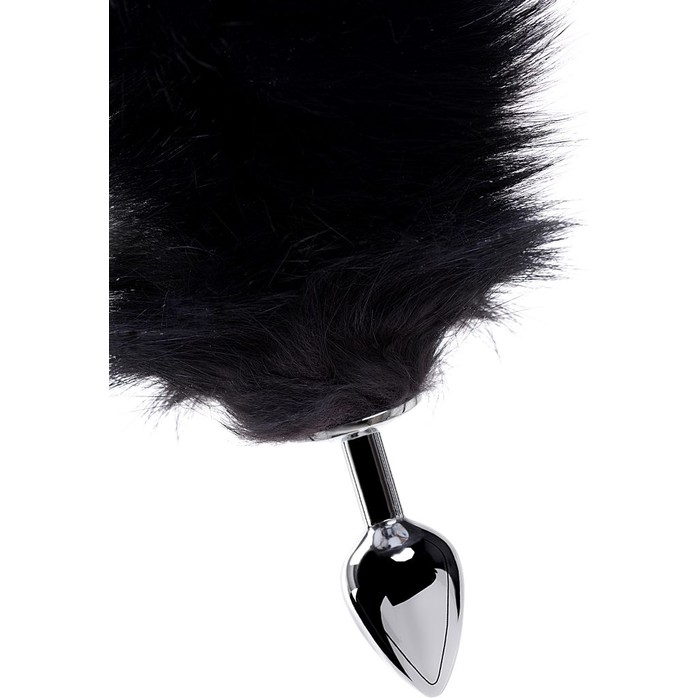 Серебристая анальная втулка с черным лисьим хвостом. Фотография 5.