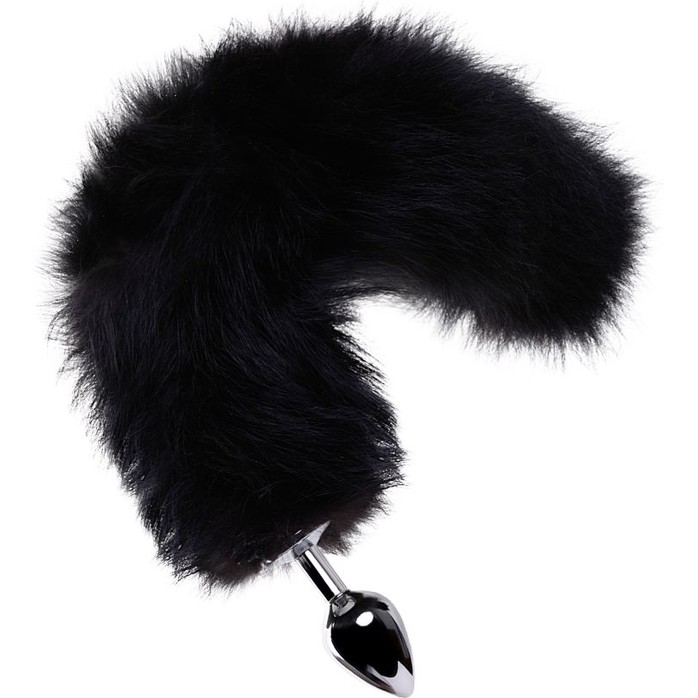 Большая серебристая металлическая анальная втулка с черным лисьим хвостом. Фотография 2.