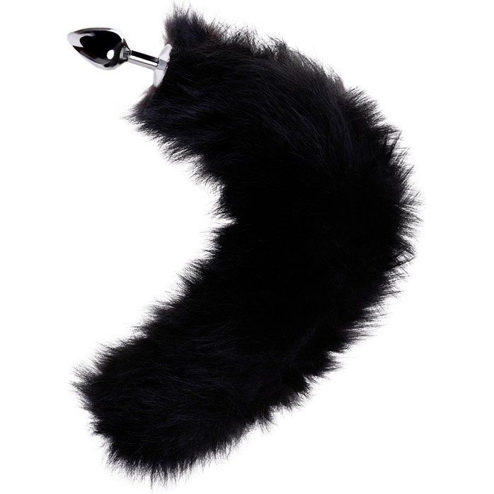 Большая серебристая металлическая анальная втулка с черным лисьим хвостом. Фотография 3.