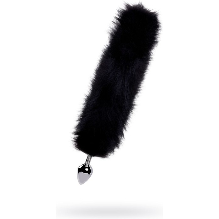 Большая серебристая металлическая анальная втулка с черным лисьим хвостом
