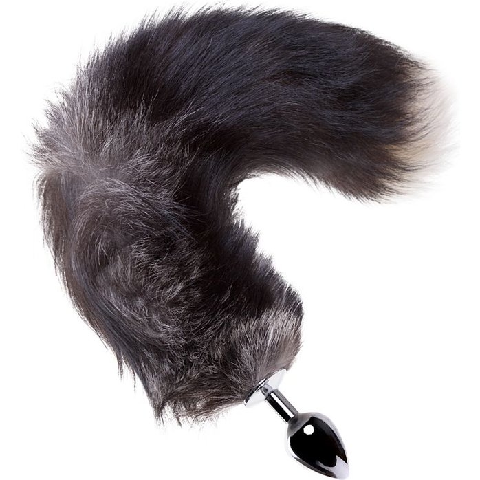 Серебристая металлическая анальная втулка с хвостом-чернобуркой. Фотография 2.