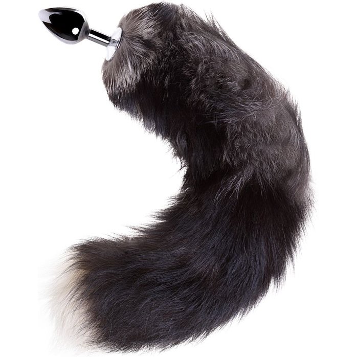 Серебристая металлическая анальная втулка с хвостом-чернобуркой. Фотография 3.