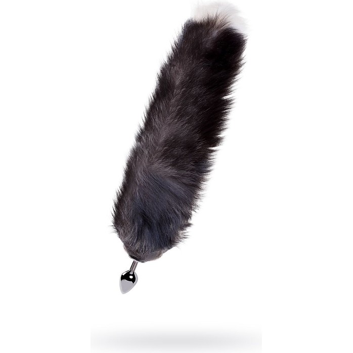 Серебристая металлическая анальная втулка с хвостом-чернобуркой