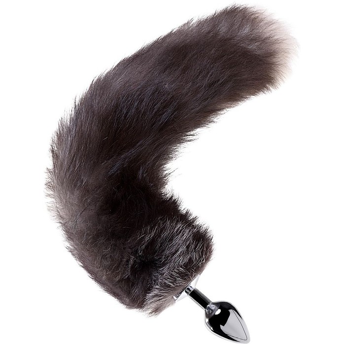 Большая серебристая металлическая анальная втулка с хвостом-чернобуркой. Фотография 2.