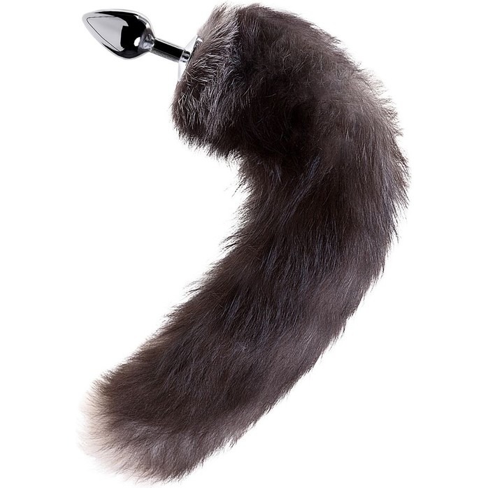 Большая серебристая металлическая анальная втулка с хвостом-чернобуркой. Фотография 3.