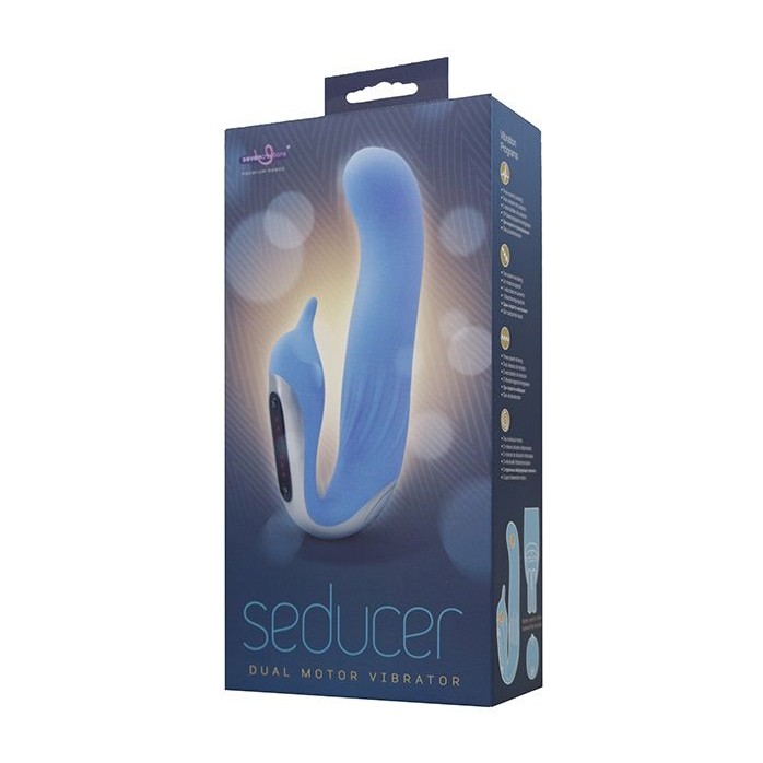 Голубой вибромассажер с клиторальной стимуляцией SEDUCER DUAL MOTOR DOLPHIN VIBRATOR - 15 см. Фотография 2.