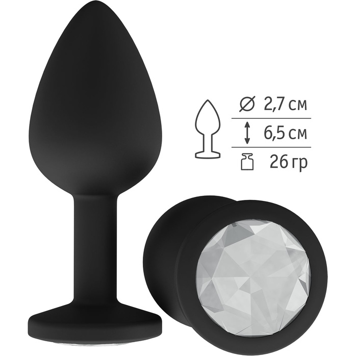Чёрная анальная втулка с прозрачным кристаллом - 7,3 см. - Анальные втулки с кристаллом