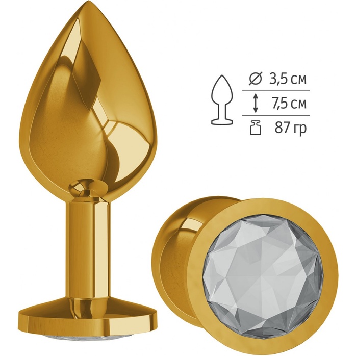 Золотистая средняя пробка с прозрачным кристаллом - 8,5 см - Анальные втулки с кристаллом