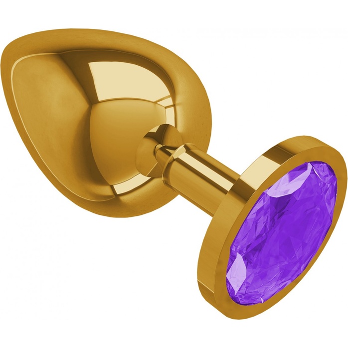 Золотистая большая анальная пробка с фиолетовым кристаллом - 9,5 см - Анальные втулки с кристаллом. Фотография 2.