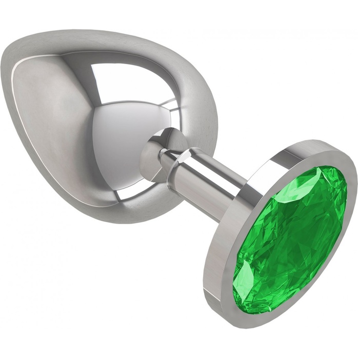 Серебристая большая анальная пробка с зеленым кристаллом - 9,5 см - Анальные втулки с кристаллом. Фотография 2.