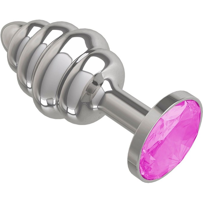 Серебристая пробка с рёбрышками и розовым кристаллом - 7 см - Анальные втулки с кристаллом. Фотография 2.
