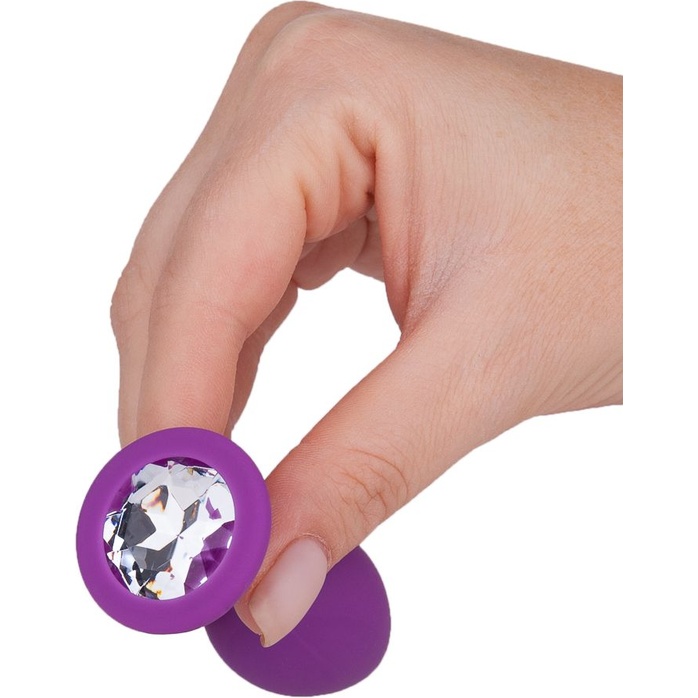 Фиолетовая силиконовая пробка с прозрачным кристаллом - 7,3 см - Анальные втулки с кристаллом. Фотография 4.