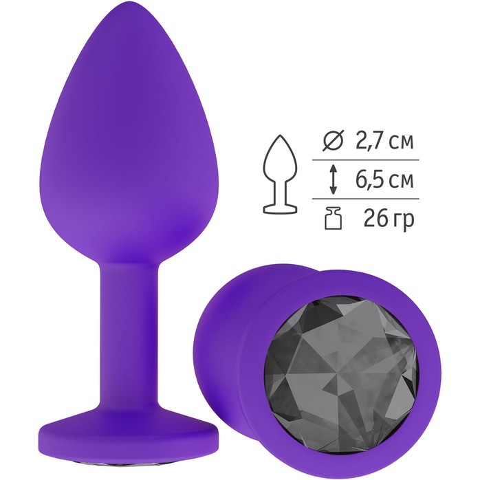 Фиолетовая силиконовая пробка с чёрным кристаллом - 7,3 см - Анальные втулки с кристаллом