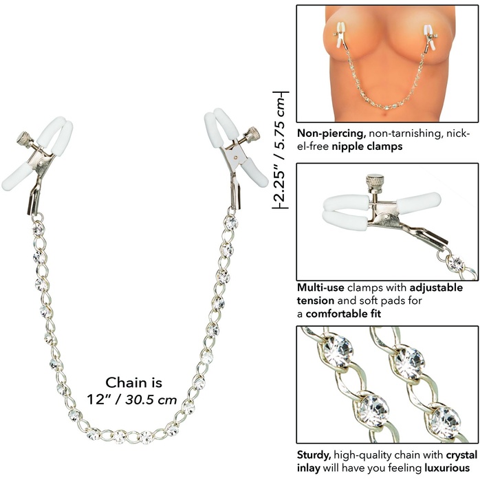 Зажимы на соски с серебристой цепочкой и кристаллами Crystal Chain Nipple Clamps - Nipple Play. Фотография 2.