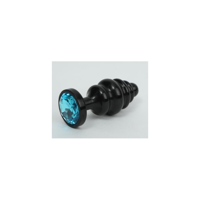 Черная фигурная анальная пробка с голубым кристаллом - 8,2 см