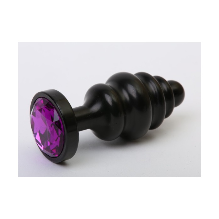 Черная фигурная анальная пробка с фиолетовым кристаллом - 8,2 см