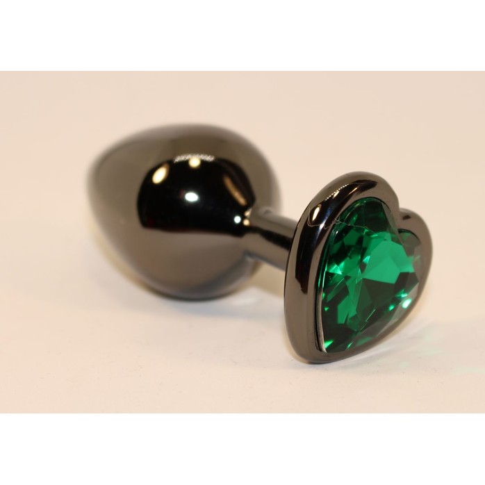 Черная коническая анальная пробка с зеленым кристаллом-сердечком - 8 см