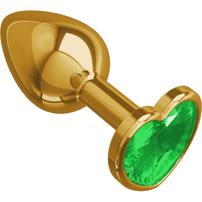 Золотистая анальная втулка с зеленым кристаллом-сердцем - 7 см - Анальные втулки с кристаллом. Фотография 2.