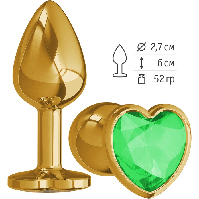Золотистая анальная втулка с зеленым кристаллом-сердцем - 7 см - Анальные втулки с кристаллом