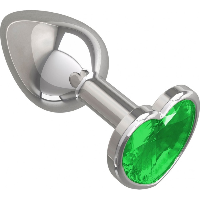 Серебристая анальная втулка с зеленым кристаллом-сердцем - 7 см - Анальные втулки с кристаллом. Фотография 2.