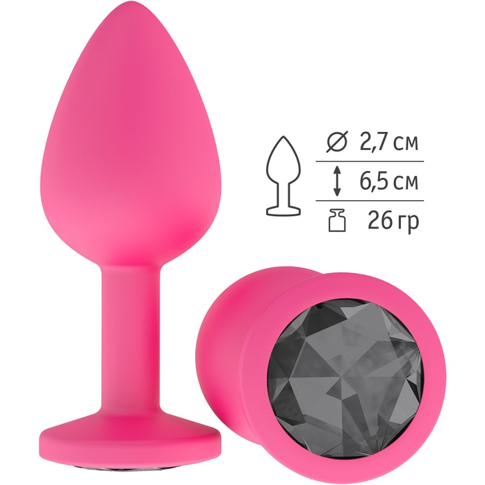 Розовая анальная втулка с черным кристаллом - 7,3 см - Анальные втулки с кристаллом