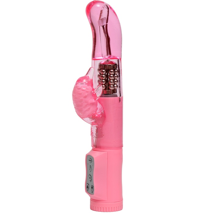 Розовый вибратор с изогнутой головкой и ротацией - 21,5 см