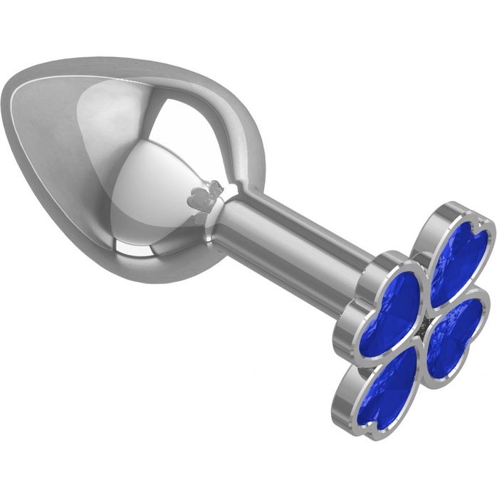 Серебристая анальная пробка-клевер с синим кристаллом - 9,5 см - Анальные втулки с кристаллом. Фотография 2.