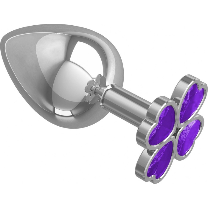 Серебристая анальная пробка-клевер с фиолетовым кристаллом - 9,5 см - Анальные втулки с кристаллом. Фотография 2.