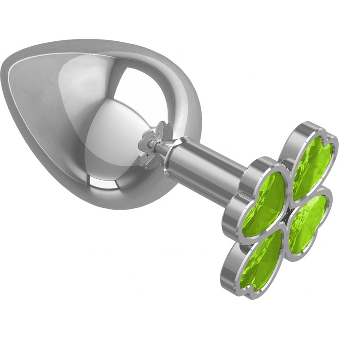 Серебристая анальная пробка-клевер с салатовым кристаллом - 9,5 см - Анальные втулки с кристаллом. Фотография 2.