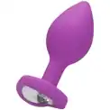 Фиолетовая анальная пробка с прозрачным стразом Large Ribbed Diamond Heart Plug - 8 см.