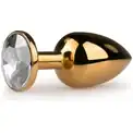Золотистая анальная пробка с прозрачным кристаллом Metal Butt Plug - 7,2 см.