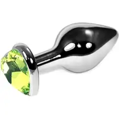  Серебристая коническая анальная пробка с лаймовым кристаллом-сердцем 9 см 