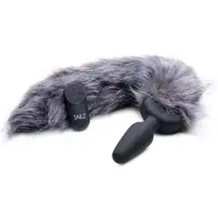  Черная анальная вибропробка с серым лисьим хвостом Grey Fox Tail Vibrating Anal Plug 