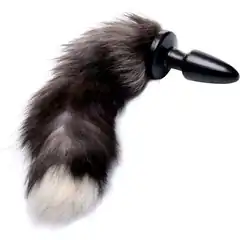  Черная анальная пробка с серым лисьим хвостом Grey Fox Tail Anal Plug 