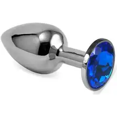  Серебристая анальная пробка с синим кристаллом 7,5 см 
