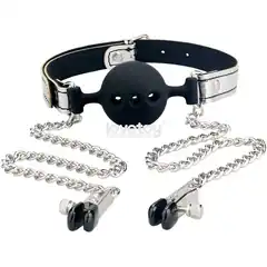  Серебристо-черный кляп с зажимами на соски Breathable Ball Gag With Nipple Clamp 