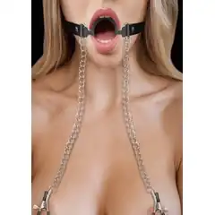  Черный кляп-кольцо с зажимами для сосков O-Ring Gag With Nipple Clamps 