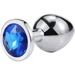  Серебристая анальная пробка iWonder c синим кристаллом 7,2 см 