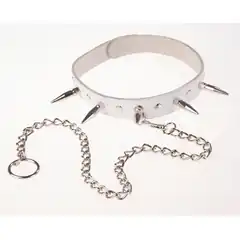  Белый кожаный ошейник с шипами и цепочкой 