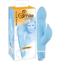  Голубой вибратор Smile Dolphin с клиторальным отростком 16 см 