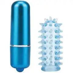  Голубая вибропуля с нежной насадкой POWERFUL MINI MASSAGER W. SLEEVE 