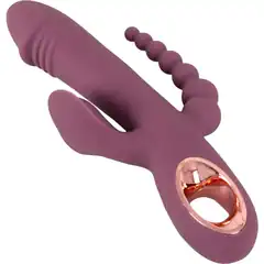  Сливовый вибратор с клиторальным отростком и анальным хвостом Slim Triple Plum 21,4 см 